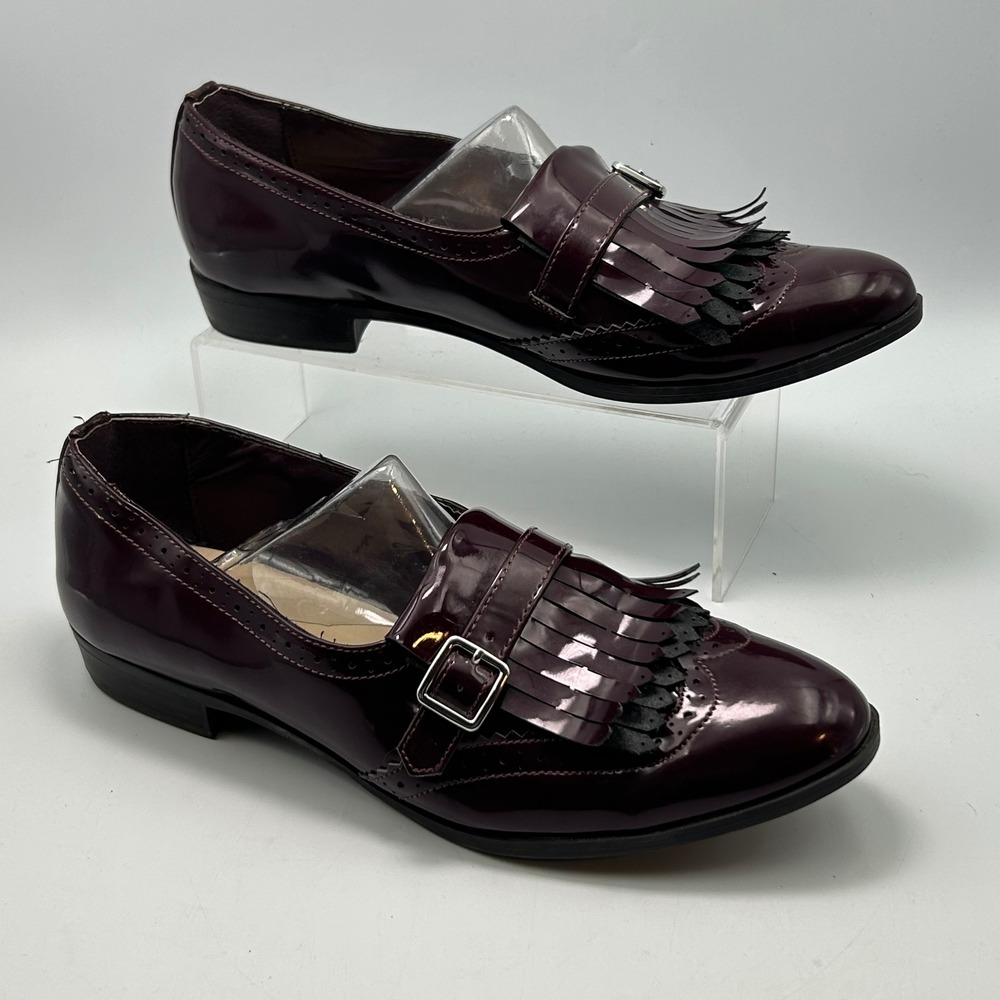 Unisa Loafers Womens 9.5 Burgundy Patent Kiltie Buckle Wingtip Dark Academia